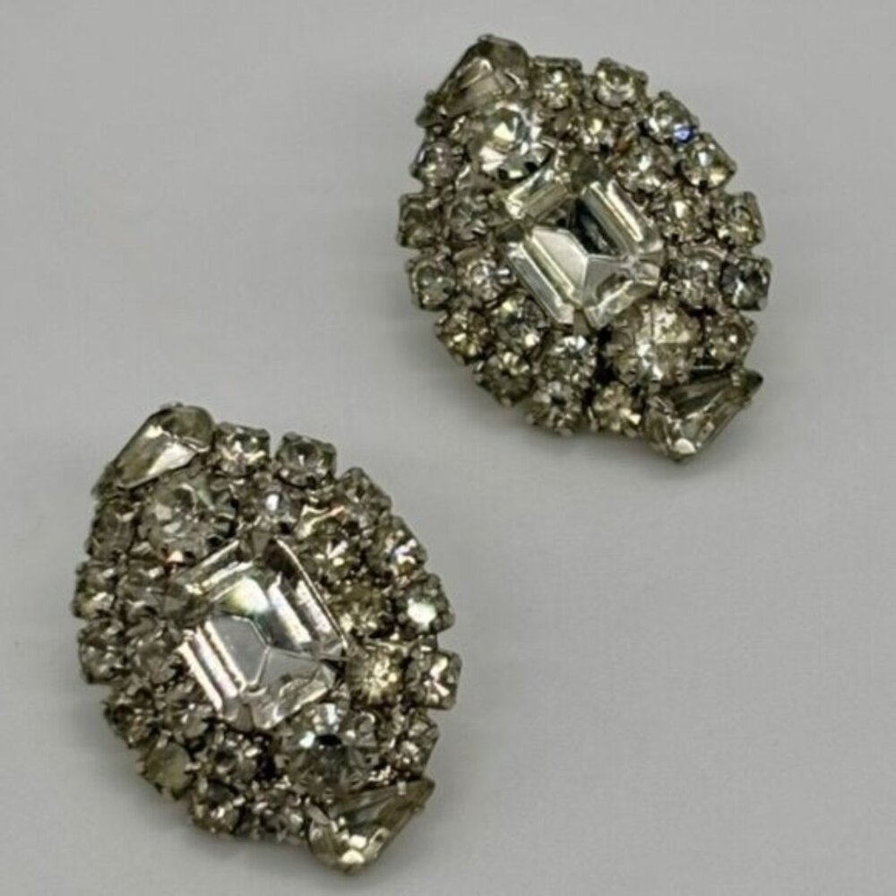 Vintage Clear Rhinestone Pierced Earrings Large Oval-Shape Circa 1990s, Unmarked